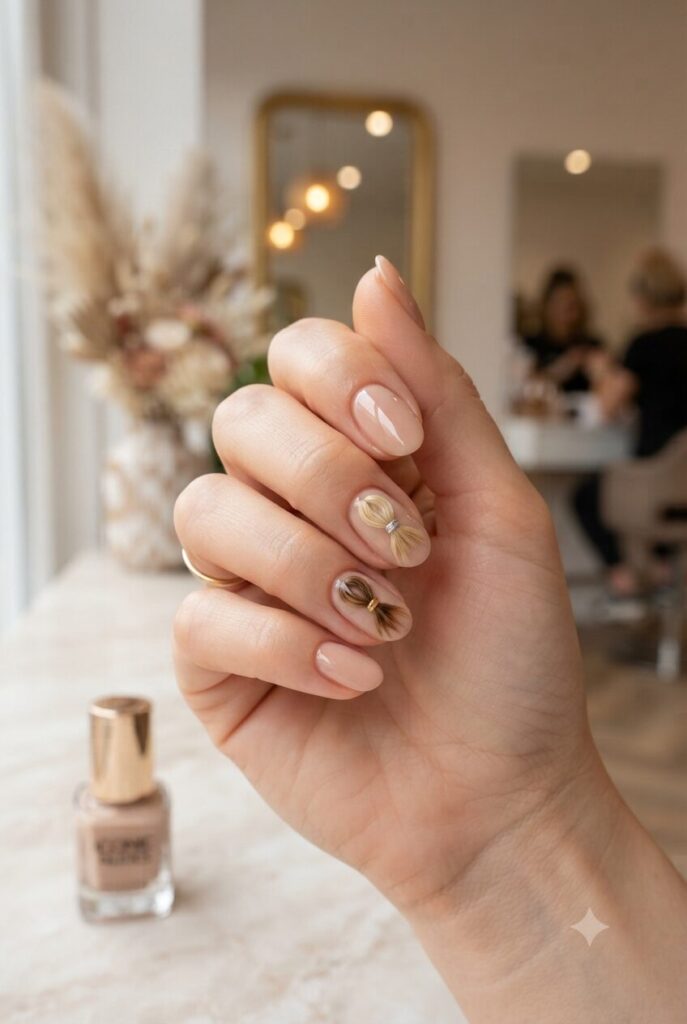 Short oval nails with nude base and tiny brown or blonde ponytail accents