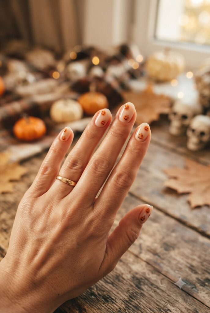 Short oval nails with nude base and tiny orange pumpkin face accents