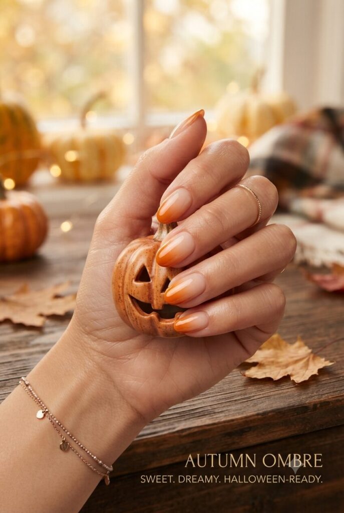 Short almond nails with nude base fading into pumpkin orange ombre