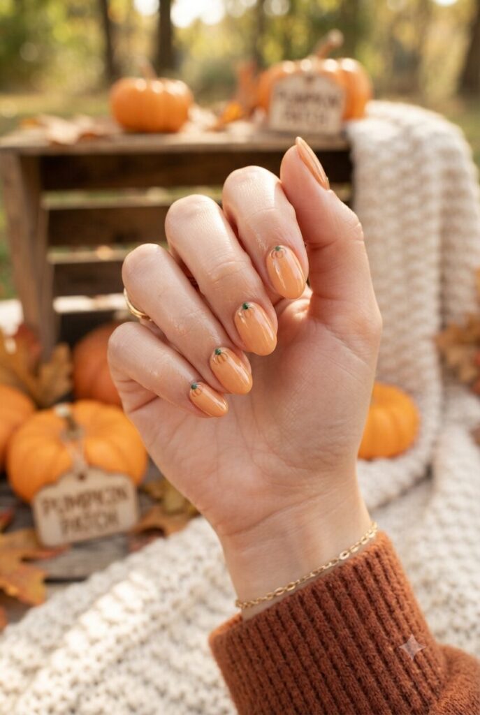 Short oval nails with soft orange base and tiny green pumpkin stem accents