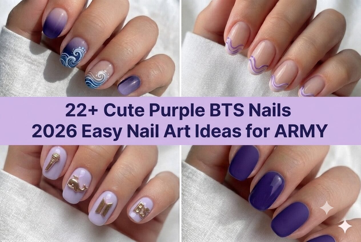 Collage of cute purple BTS nails 2026 with ARMY-inspired purple designs