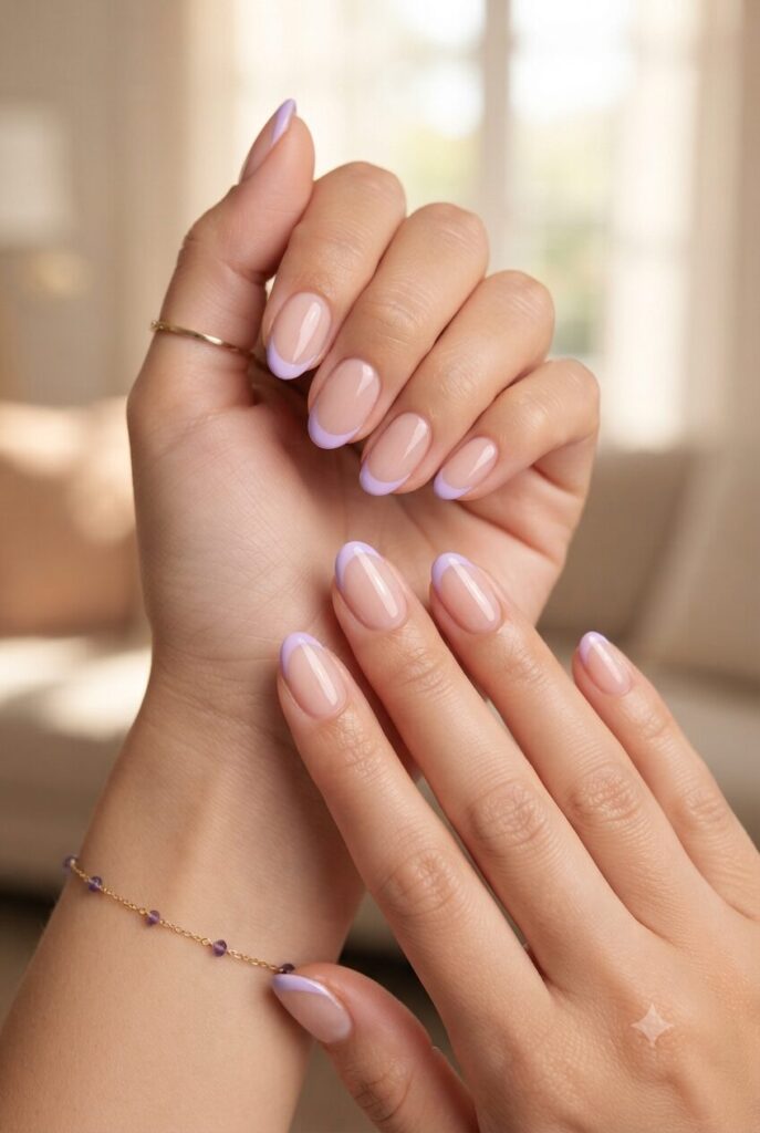 Short almond nails with nude base and soft purple French tips