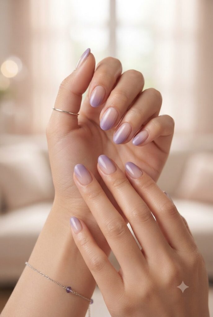 Short almond nails with nude base fading into lavender ombre