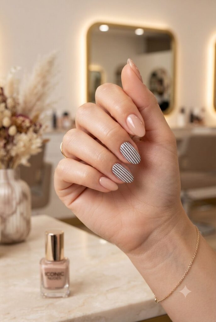 Short almond nails with nude base and tiny black white salon cape stripes
