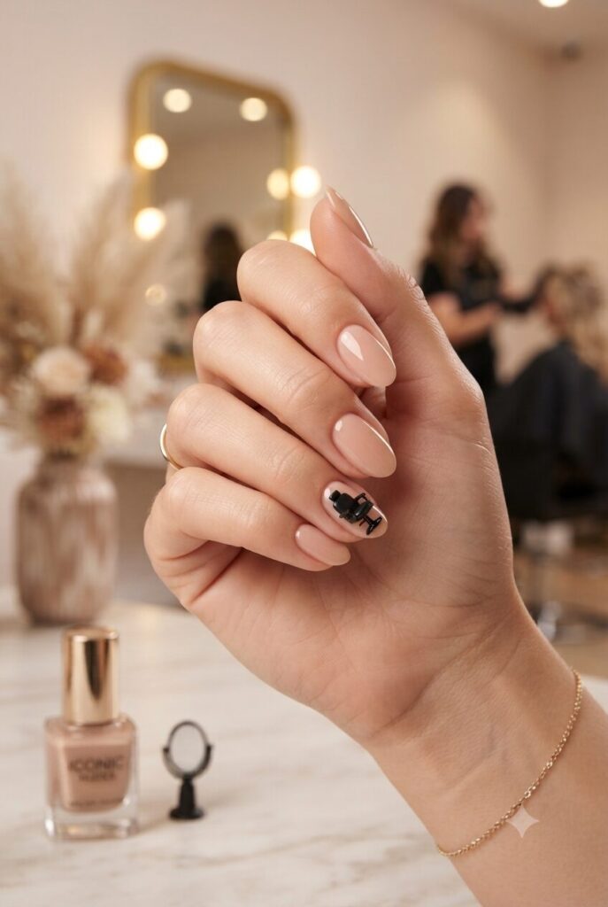 Short almond nails with nude base and tiny black salon chair accent