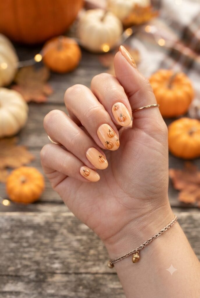 Short oval nails with soft orange base and tiny mini pumpkin accents