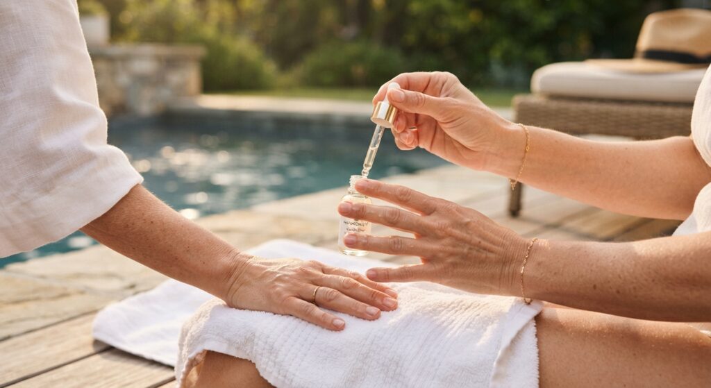 Woman applying cuticle oil to recover nails after swimming to prevent chlorine damage
