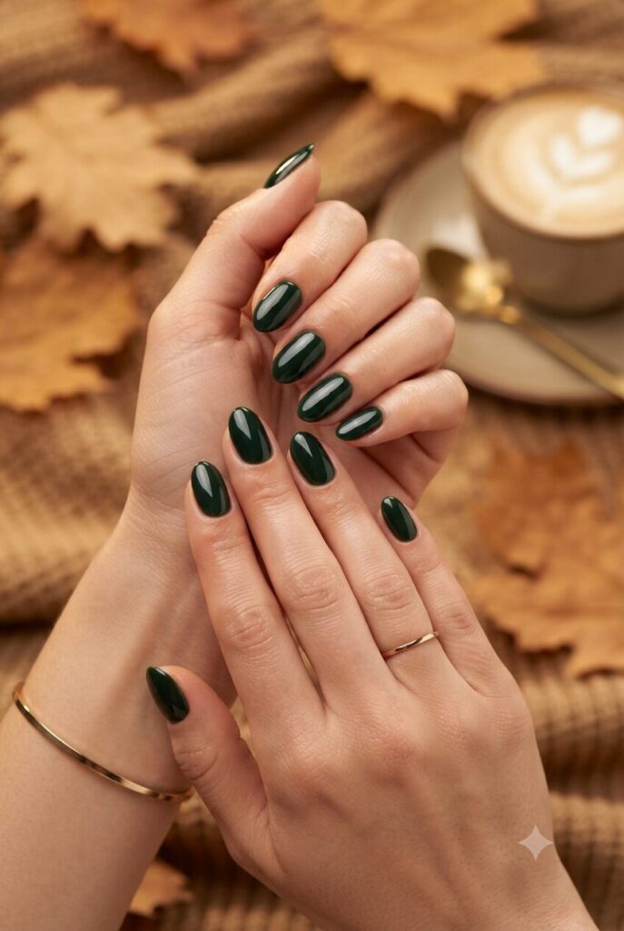 Short almond nails with glossy dark forest green polish