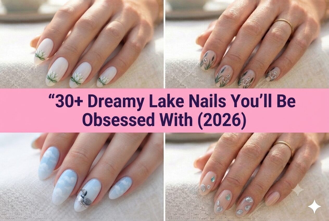 Collage of dreamy lake nails for 2026 with soft blue water-inspired designs
