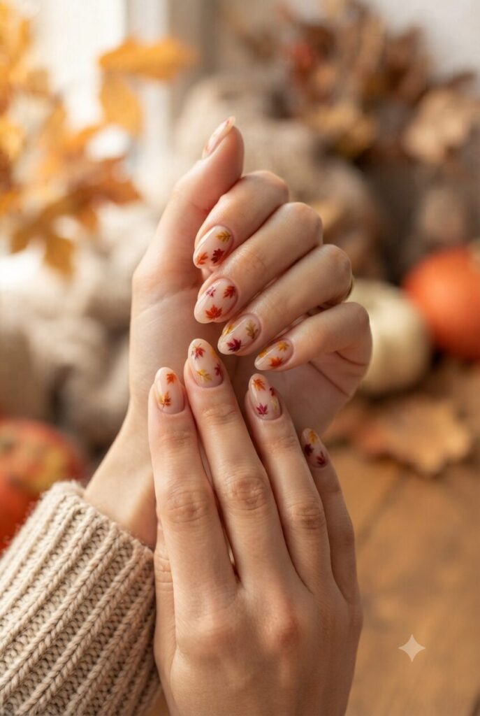 Short almond nails with tiny orange red and yellow leaf accents