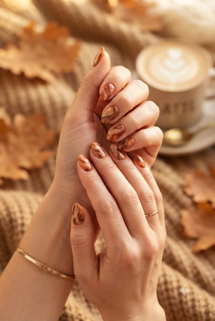 Short almond nails with orange copper and brown marble swirl art