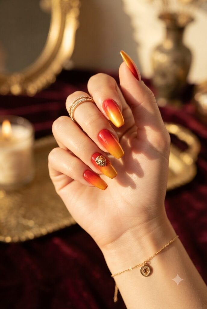 Coffin almond nails with red orange and gold sunset ombre blend