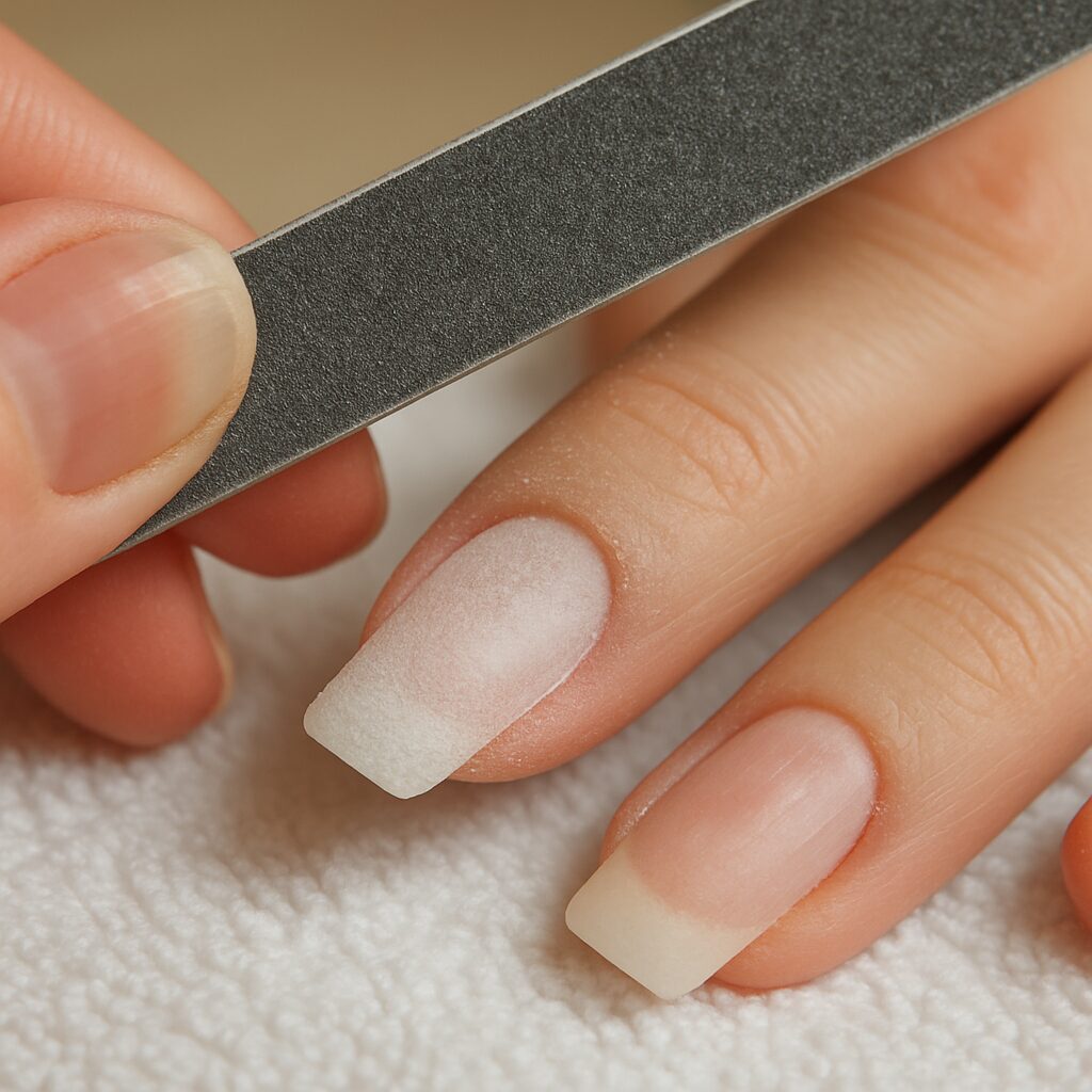 Filing down acrylic nail before soaking to remove acrylic nails at home without damage