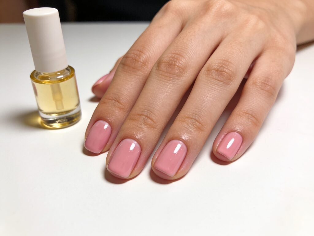 Finished manicure from an at home manicure guide for beginners with glossy short nails