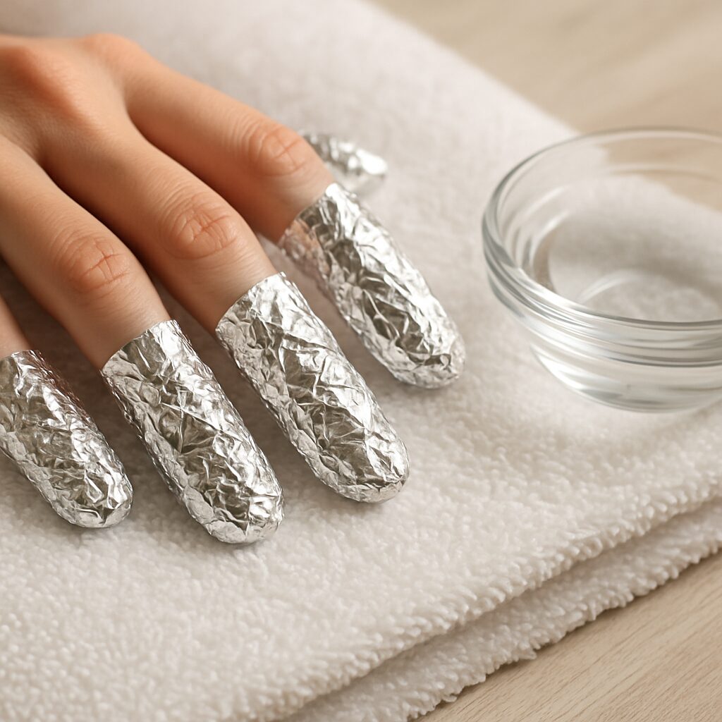 Foil wrap method to remove acrylic nails at home without damage during acetone soak