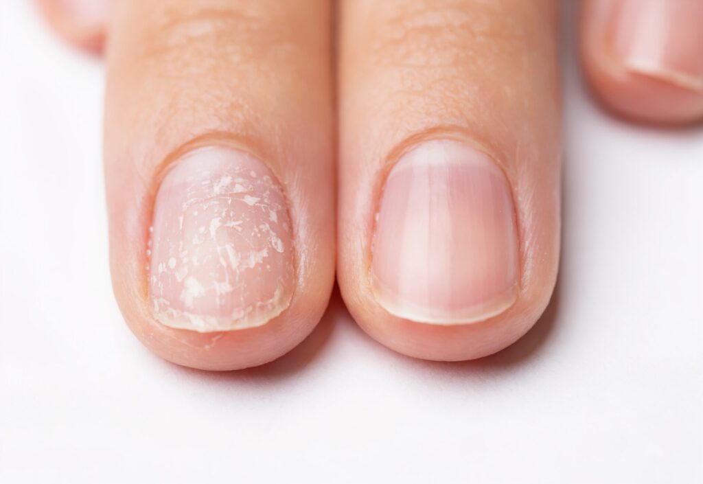 Nail damage from peeling gel polish compared to a healthy nail showing why you should remove gel nail polish without acetone at home safely