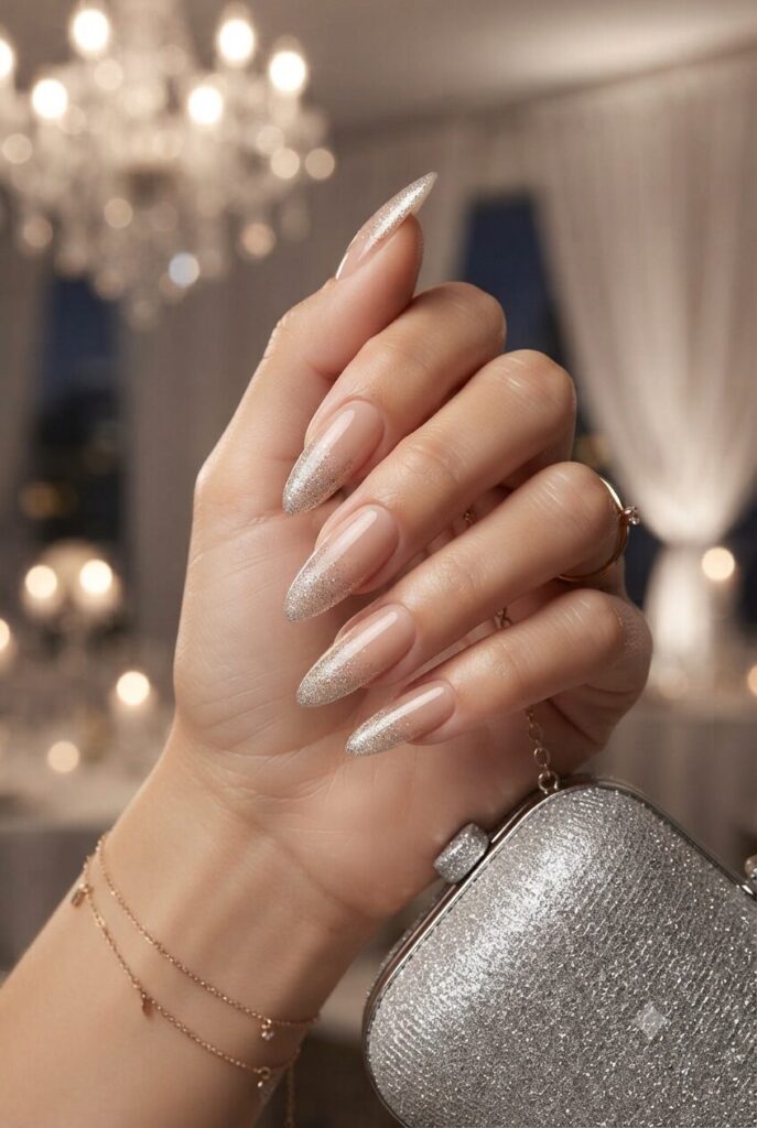Long stiletto nails with soft glitter ombre French tips