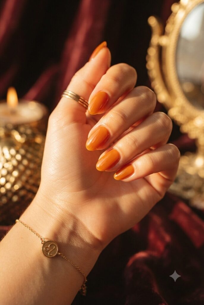 Short almond nails with glossy warm amber orange polish