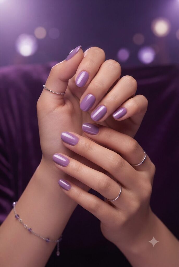 Short oval nails with glossy amethyst purple polish