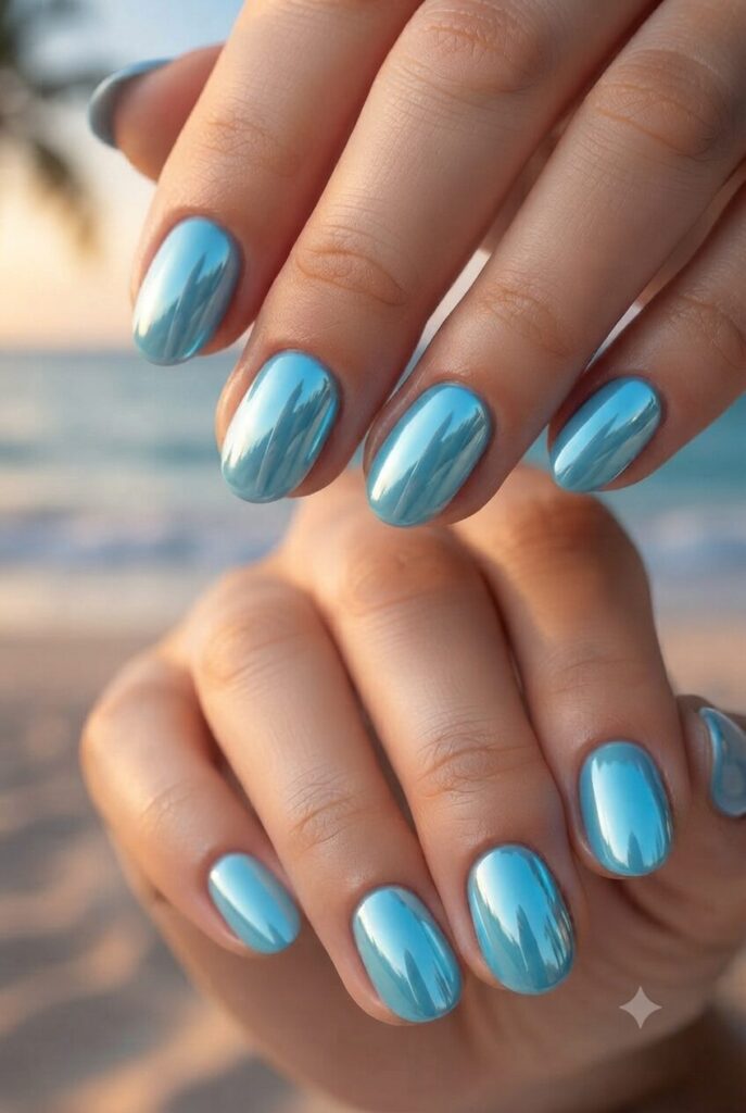 Short almond nails with glossy aqua blue chrome mirror polish