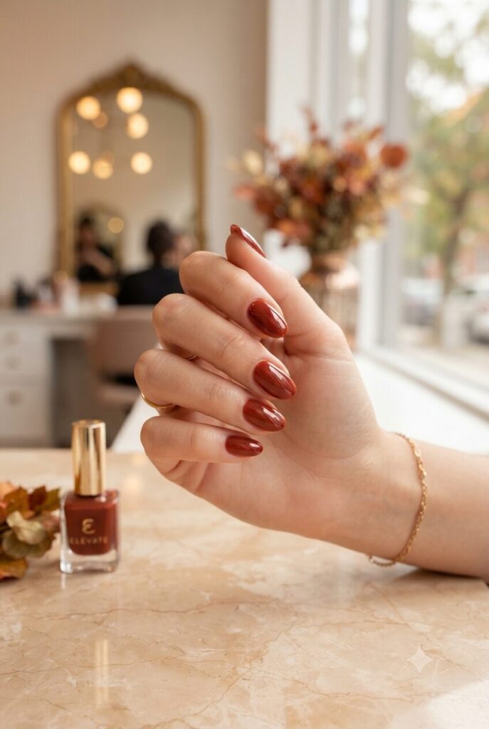 Short almond nails with glossy warm auburn red polish