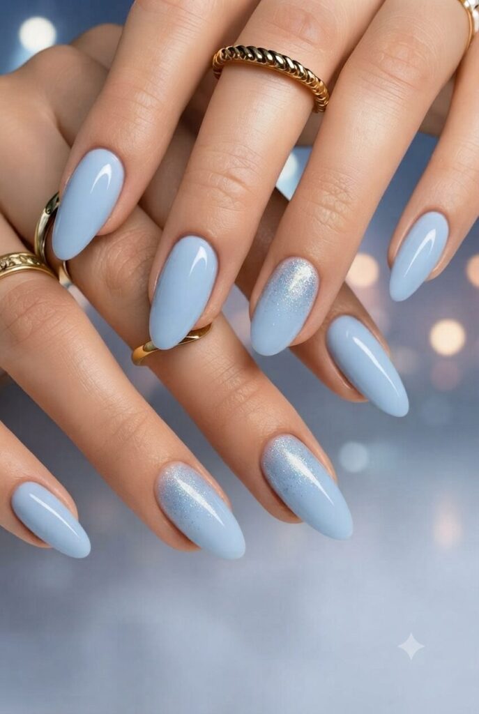 Short oval nails with glossy soft baby blue concert polish