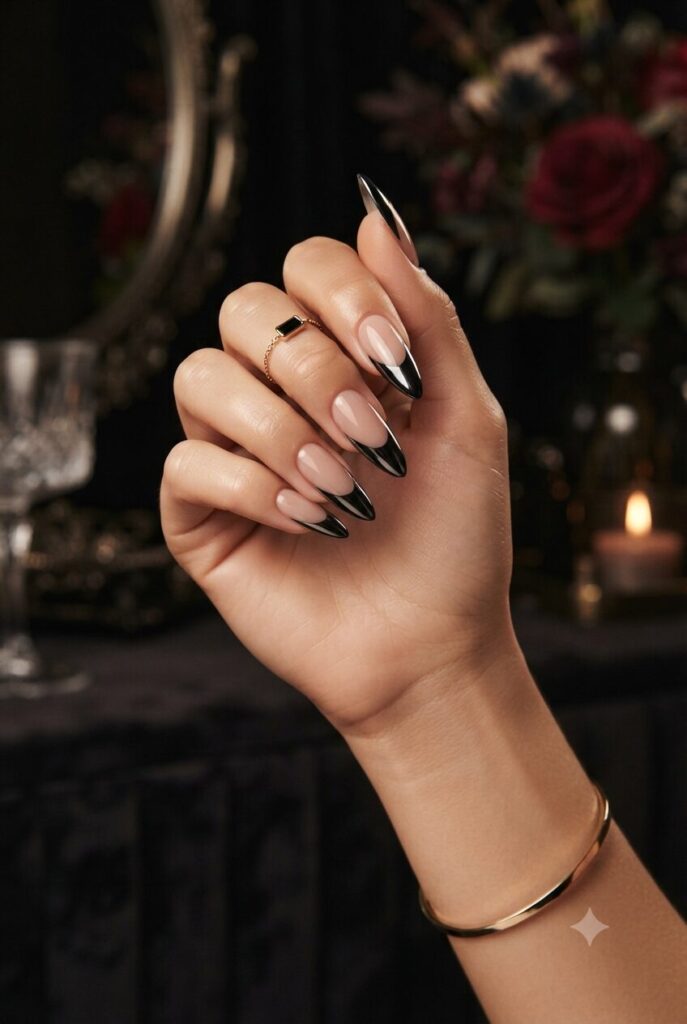 Long stiletto nails with glossy black chrome French tips