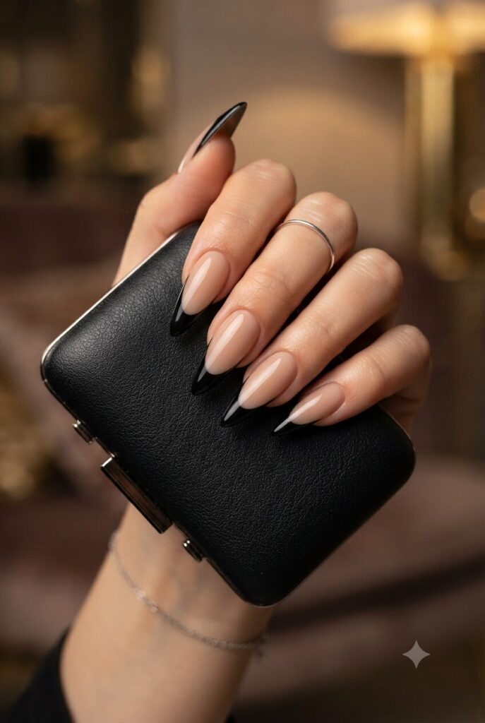 Long stiletto nails with glossy black French tips