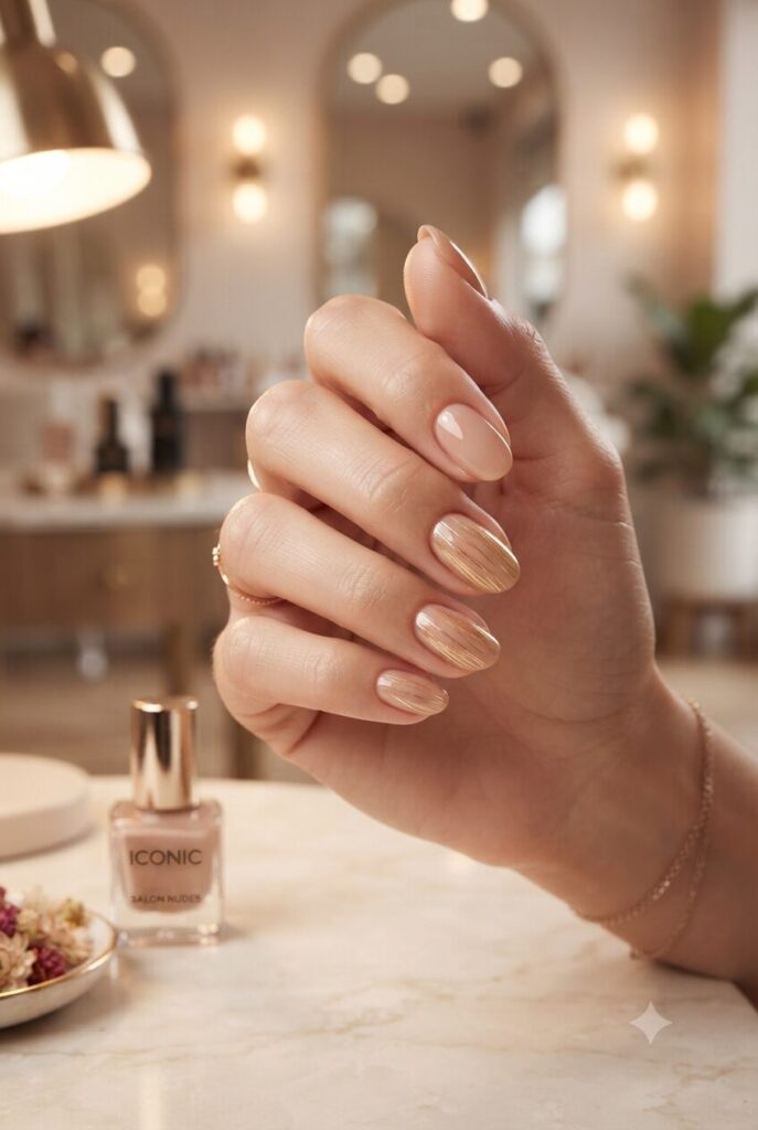 Short almond nails with nude base and tiny golden blonde strand accents