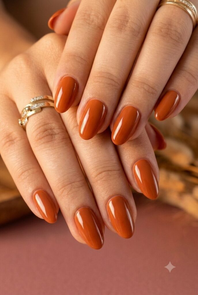 Short almond nails with glossy burnt orange transition polish