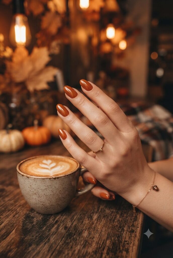 Short almond nails with glossy warm burnt orange fall polish