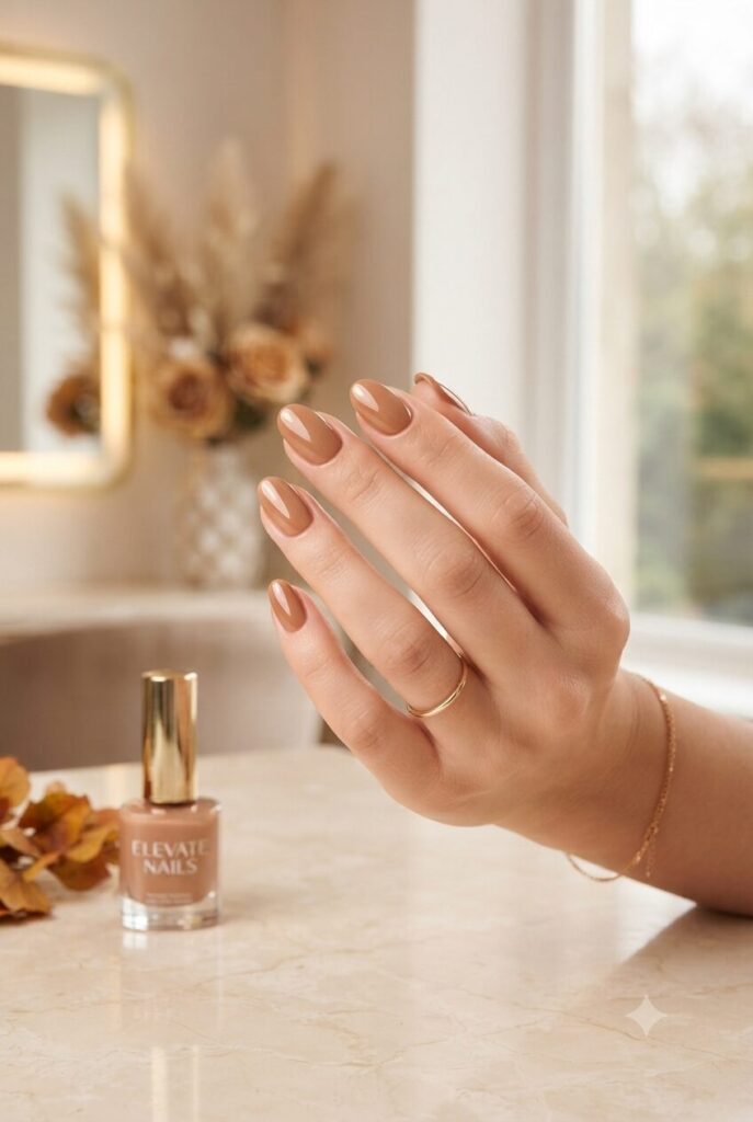 Short oval nails with glossy warm caramel nude highlight polish