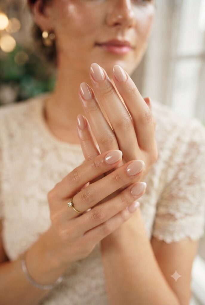 Short oval nails with glossy soft champagne nude polish