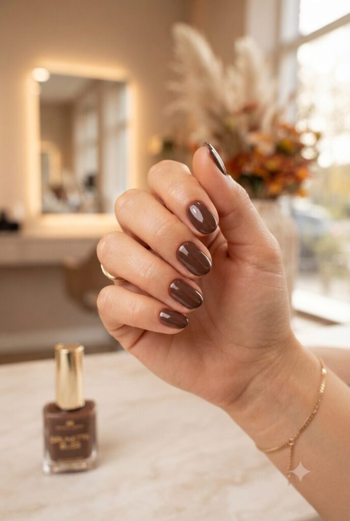 Short oval nails with glossy soft chocolate brown warm polish