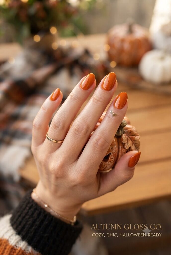 Short oval nails with glossy soft fall orange polish