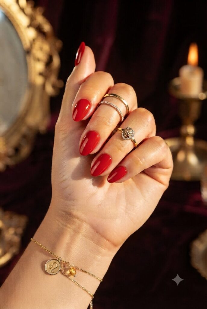 Short almond nails with glossy fiery bright red bold polish