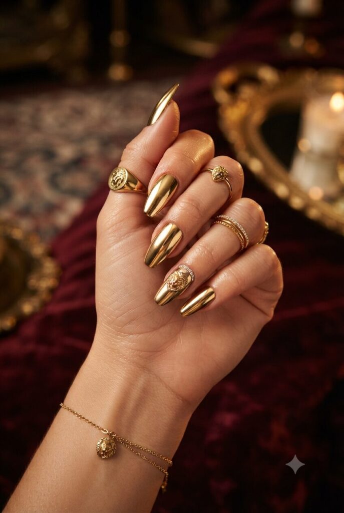 Almond coffin nails with glossy gold chrome mirror finish