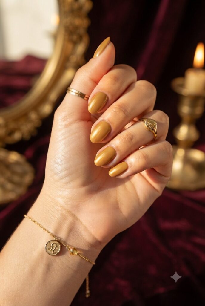 Short oval nails with glossy warm golden honey rich polish