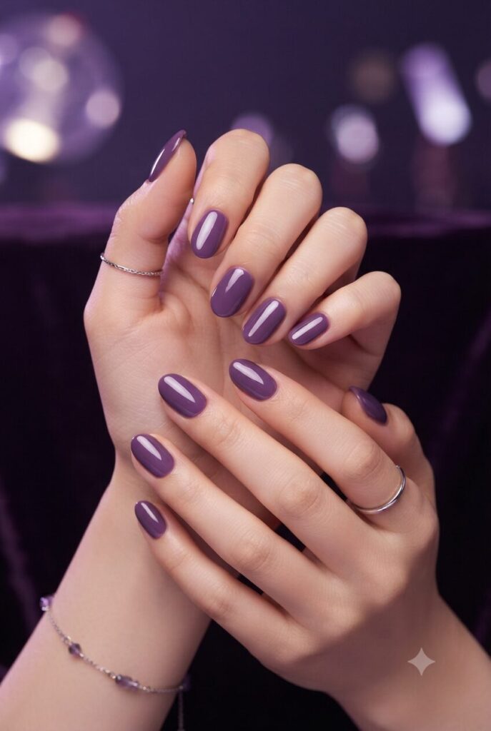 Short almond nails with glossy grape purple polish