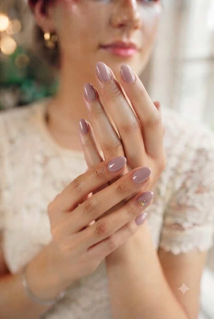 Short oval nails with glossy soft mauve elegant polish