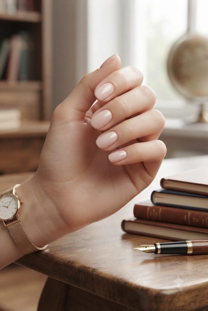 Short oval nails with glossy soft milky nude teacher polish