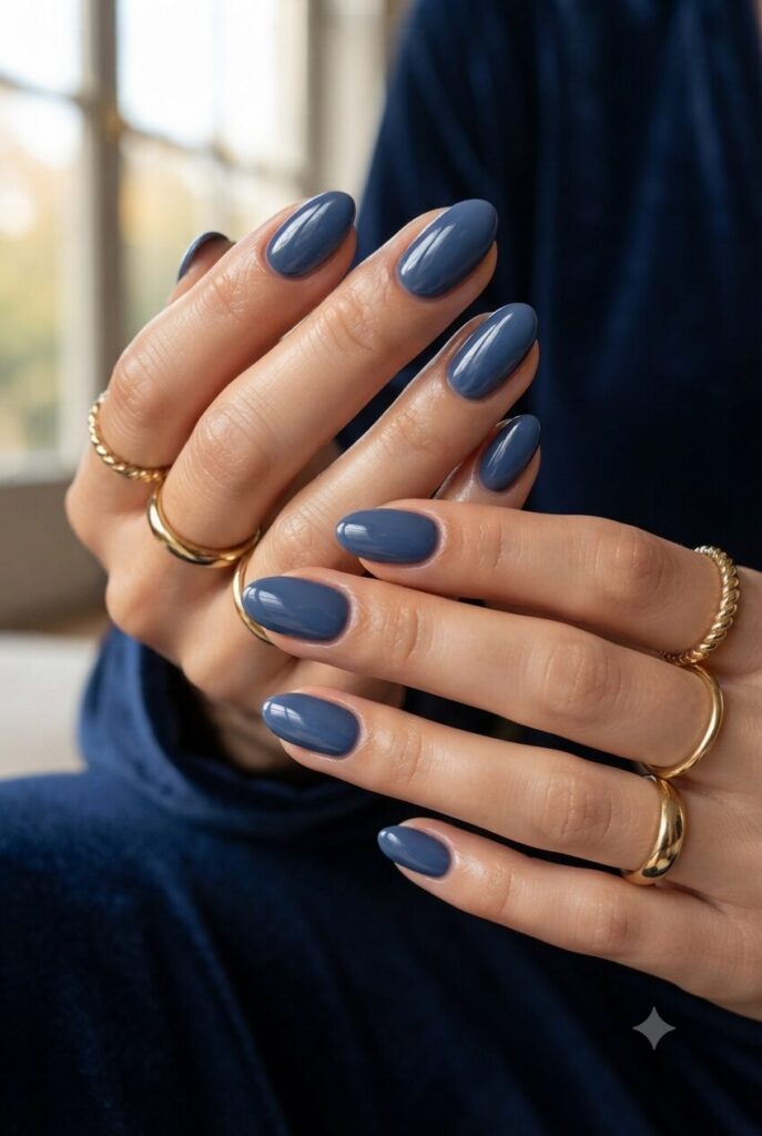 Short almond nails with glossy soft navy blue polish