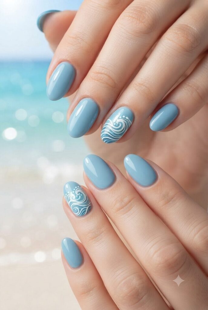 Short almond nails with glossy soft ocean blue polish