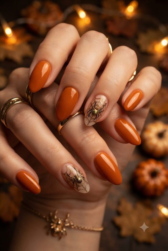 Short almond nails with pumpkin orange polish and gold glitter accents