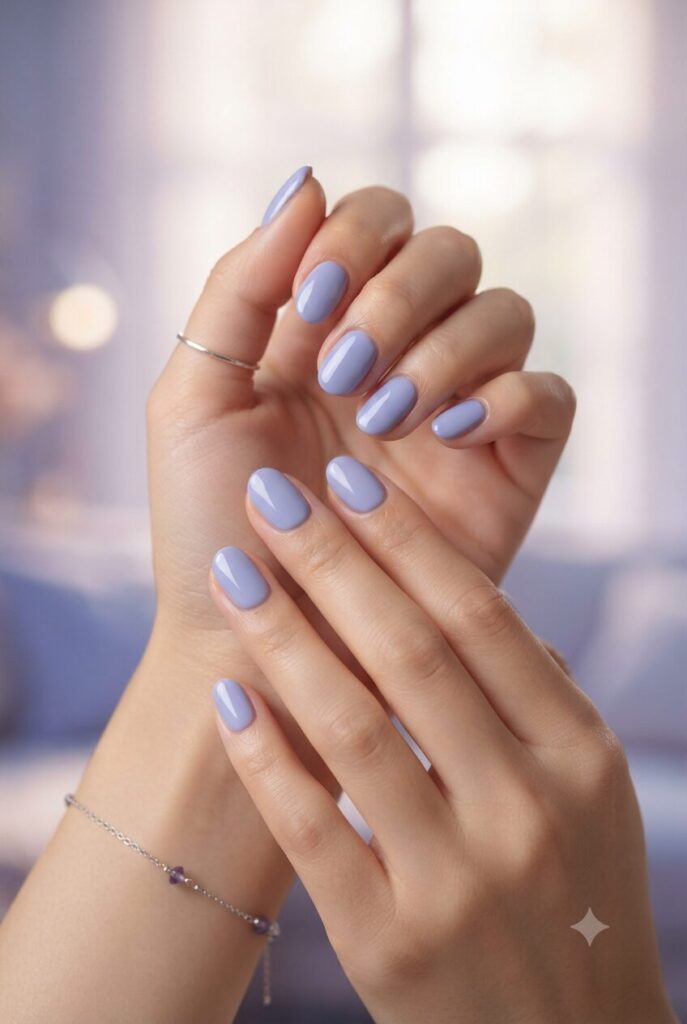 Short oval nails with glossy periwinkle purple polish