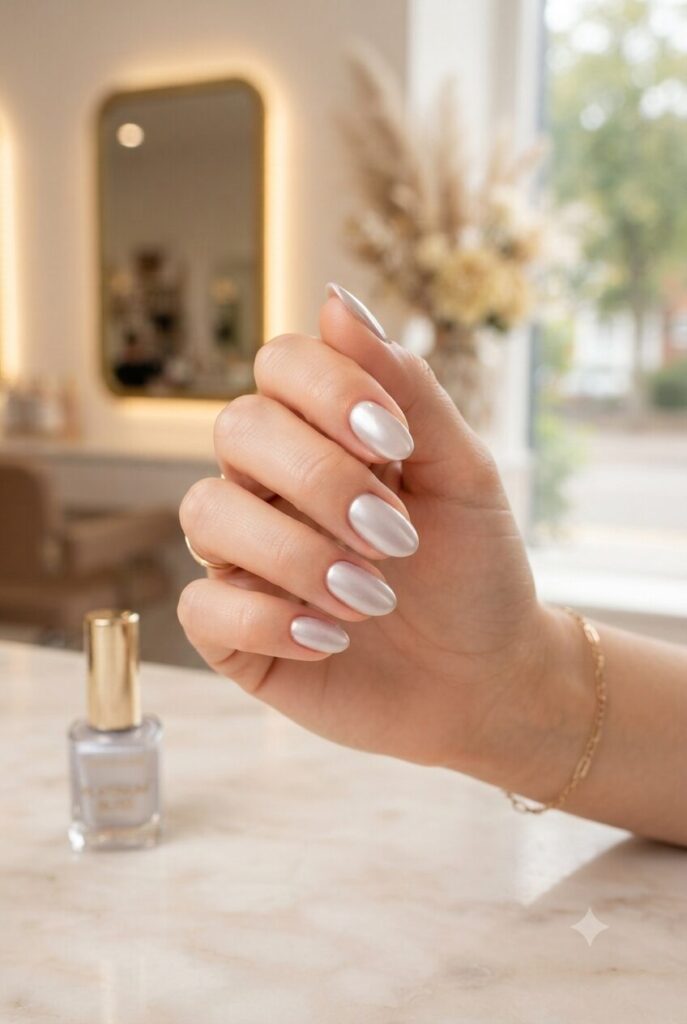 Short almond nails with glossy soft platinum silver polish