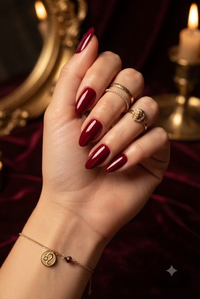 Almond nails with glossy deep ruby red rich polish