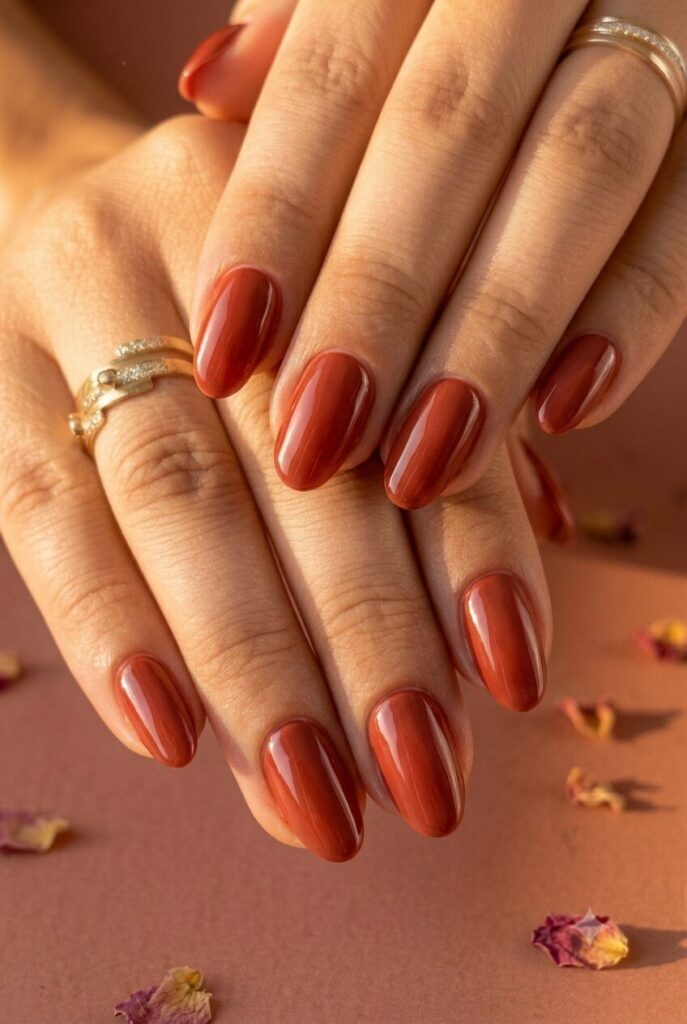Short almond nails with glossy rusty red earthy polish