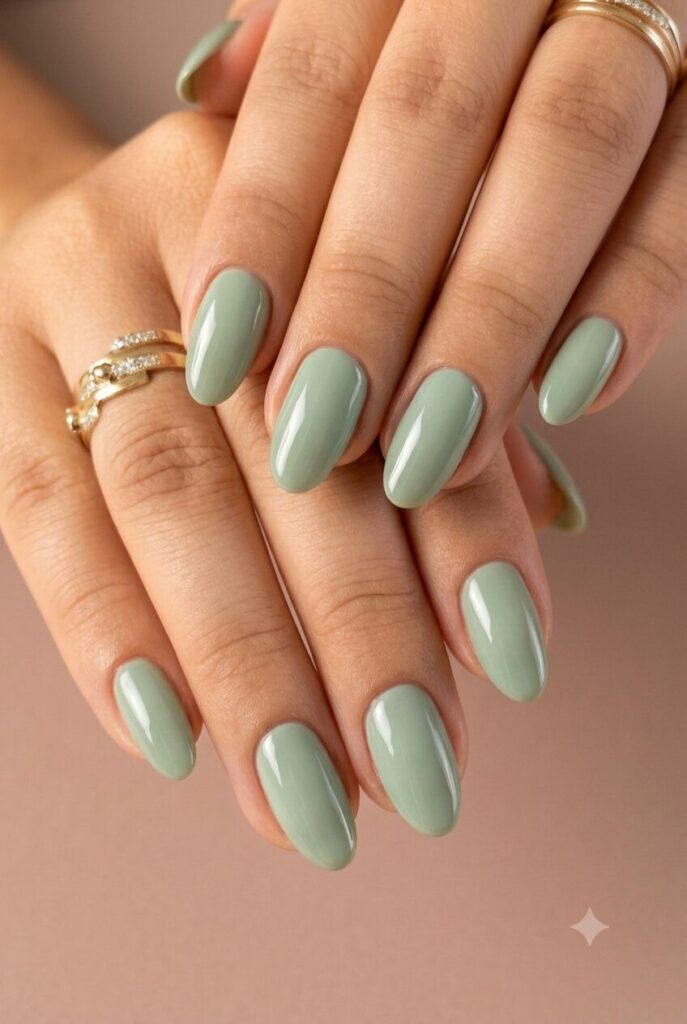 Short almond nails with glossy soft sage green polish