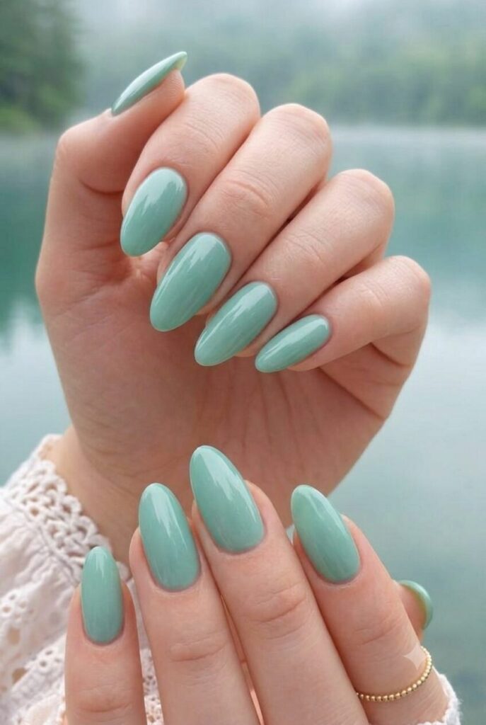 Short almond nails with glossy soft seafoam green polish